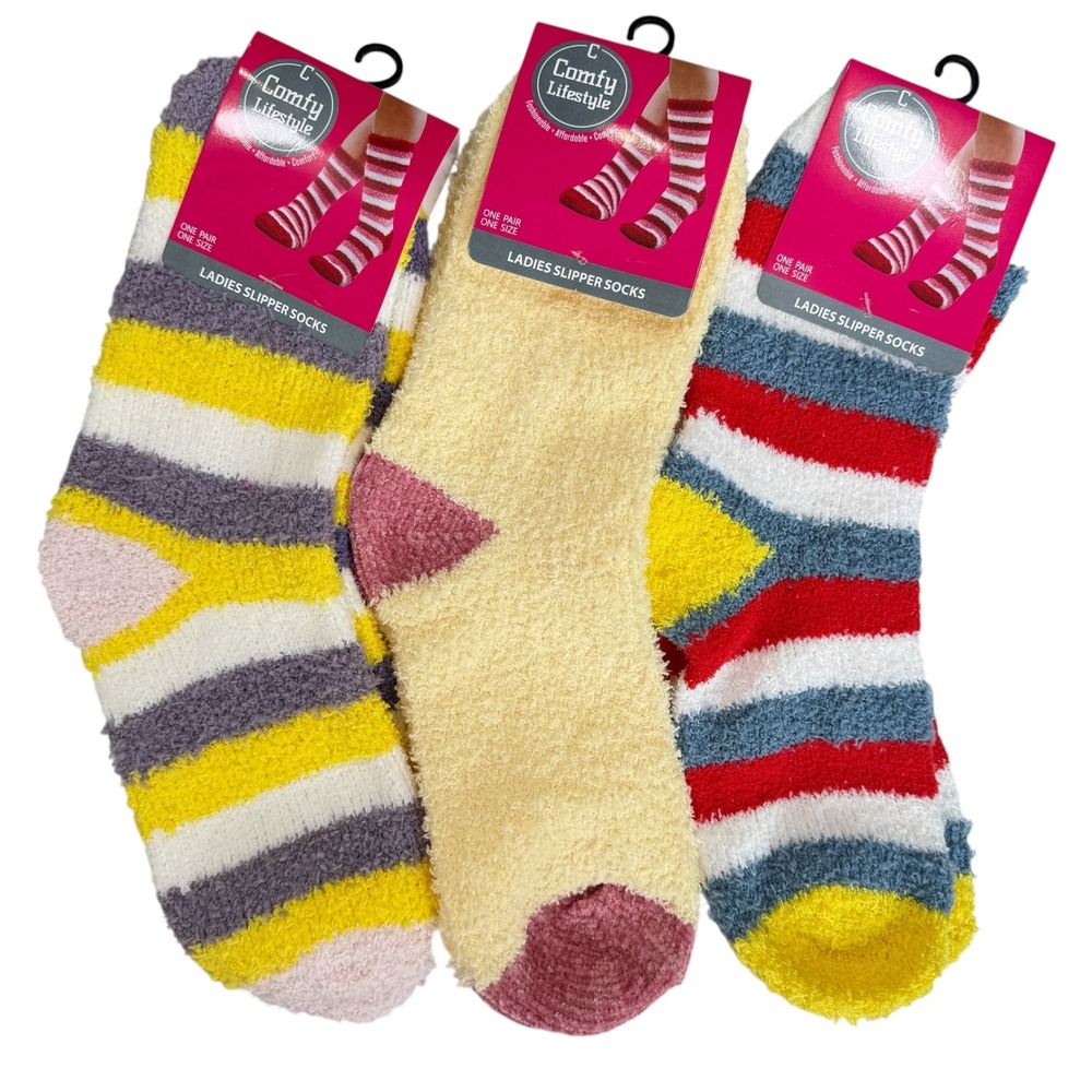 NEW‎ Womens Fuzzy Slipper Socks One Size 3 Pack Multicolor Cozy Comfy Loungewear